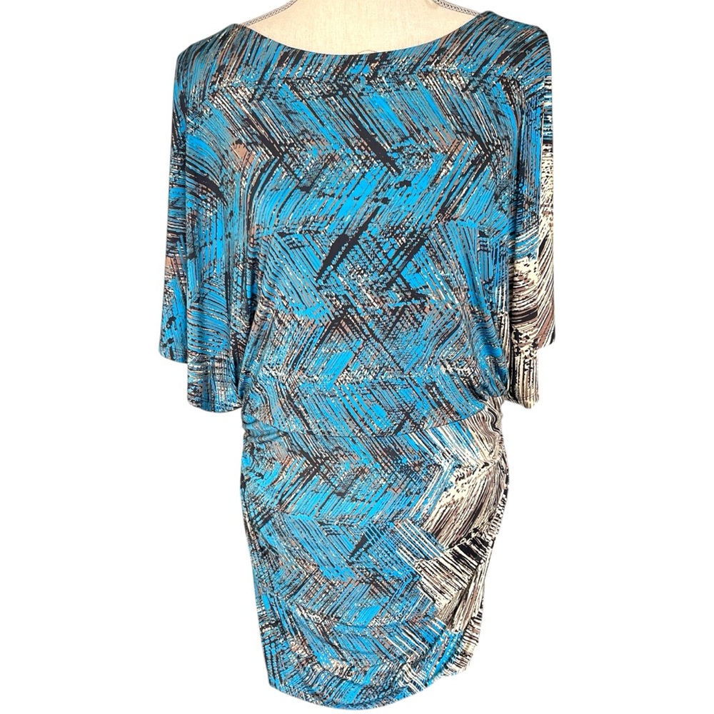 Nine West Dress Blue/Cream Side Ruche Butterfly Sleeve Blouson Mini Dress (14)